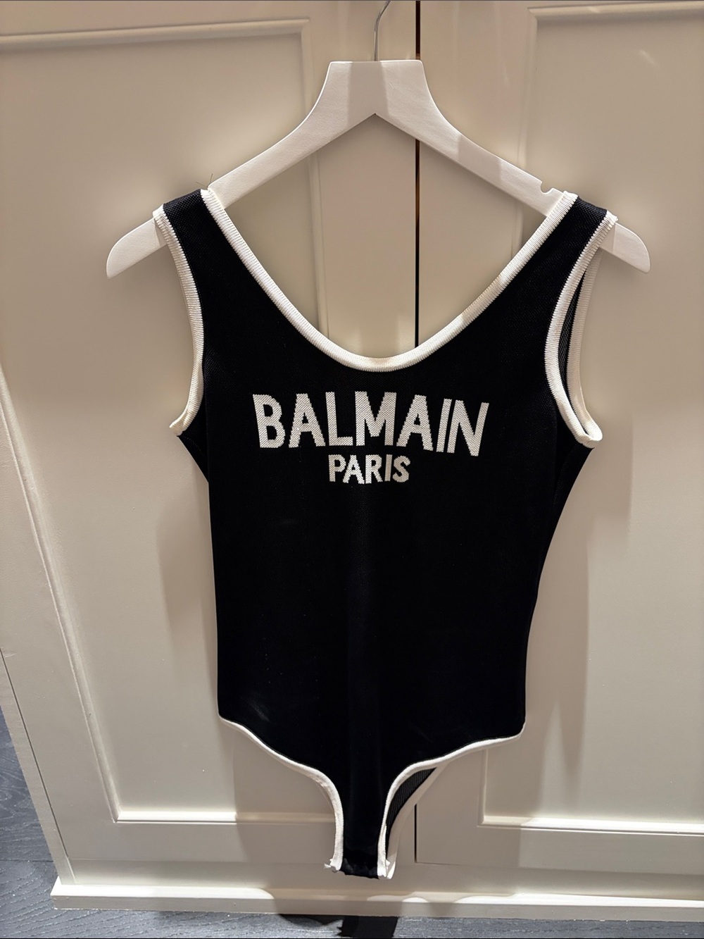 Balmain Black Bodysuit with White Trim and Logo